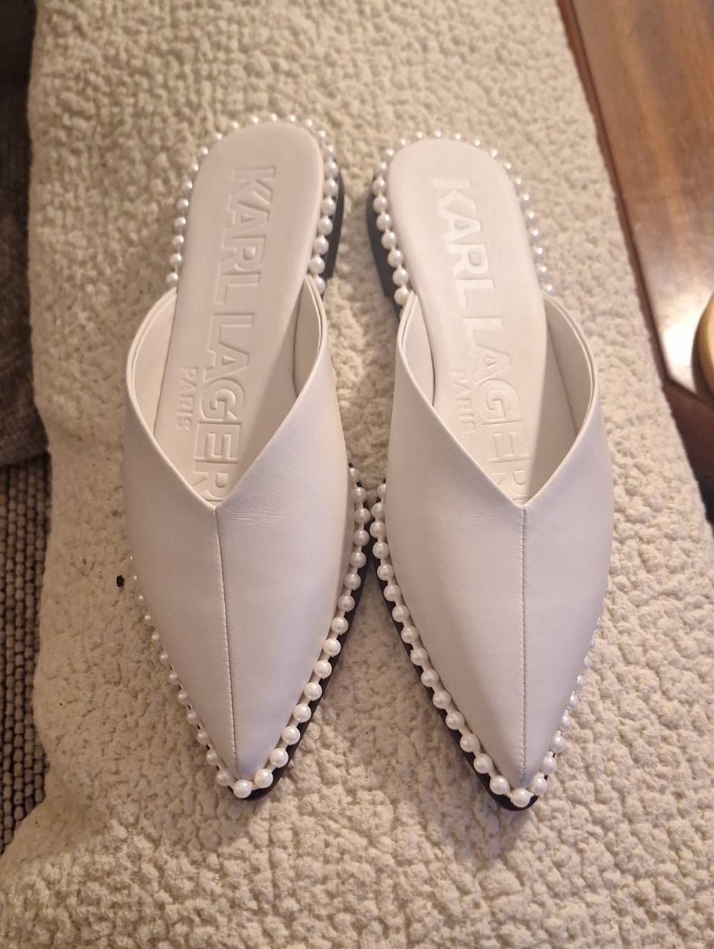 Karl Lagerfeld White Pearl-Trim Pointed Slip-On Mules